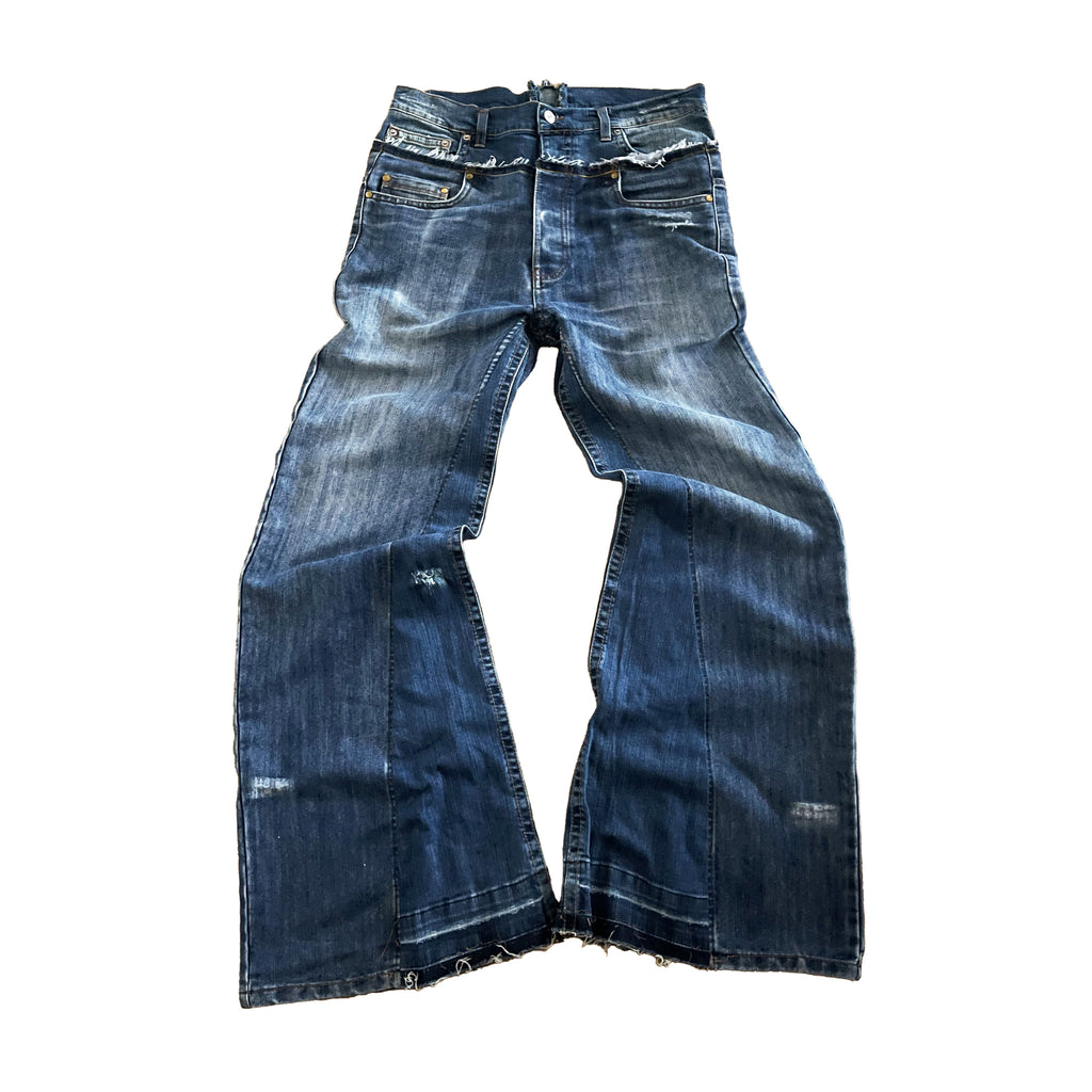 Men's Double Waisted Baggy Flares In Washed Blue