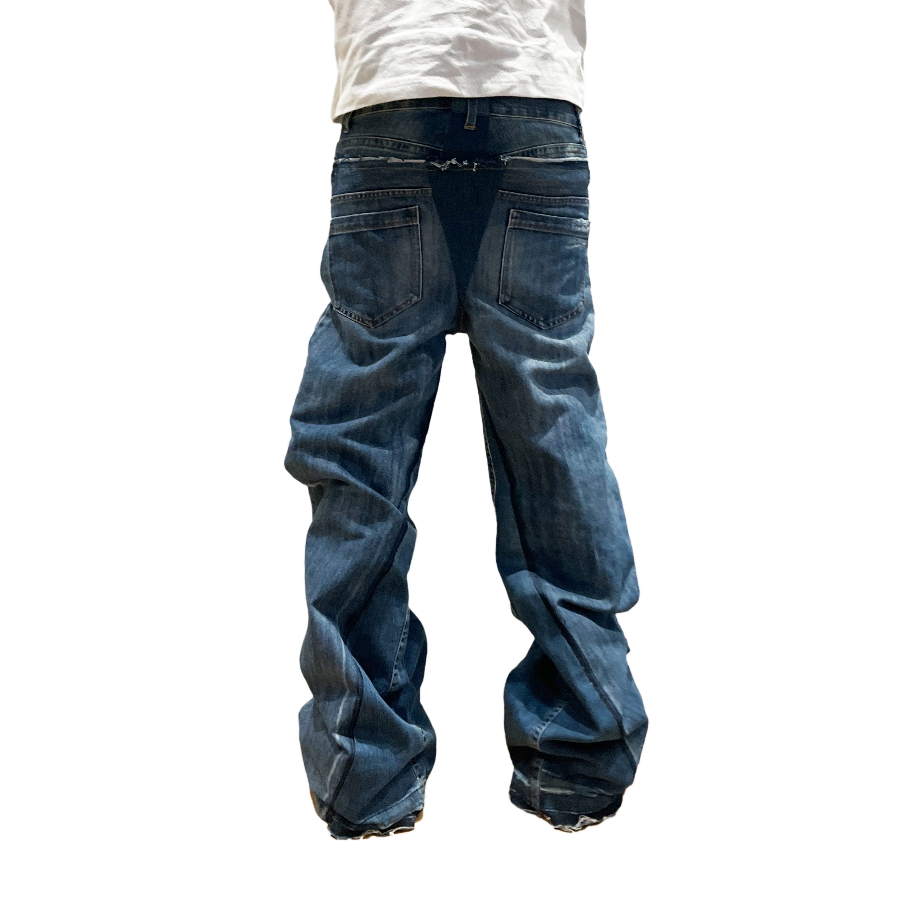 Men's Double Waisted Baggy Flares In Washed Blue