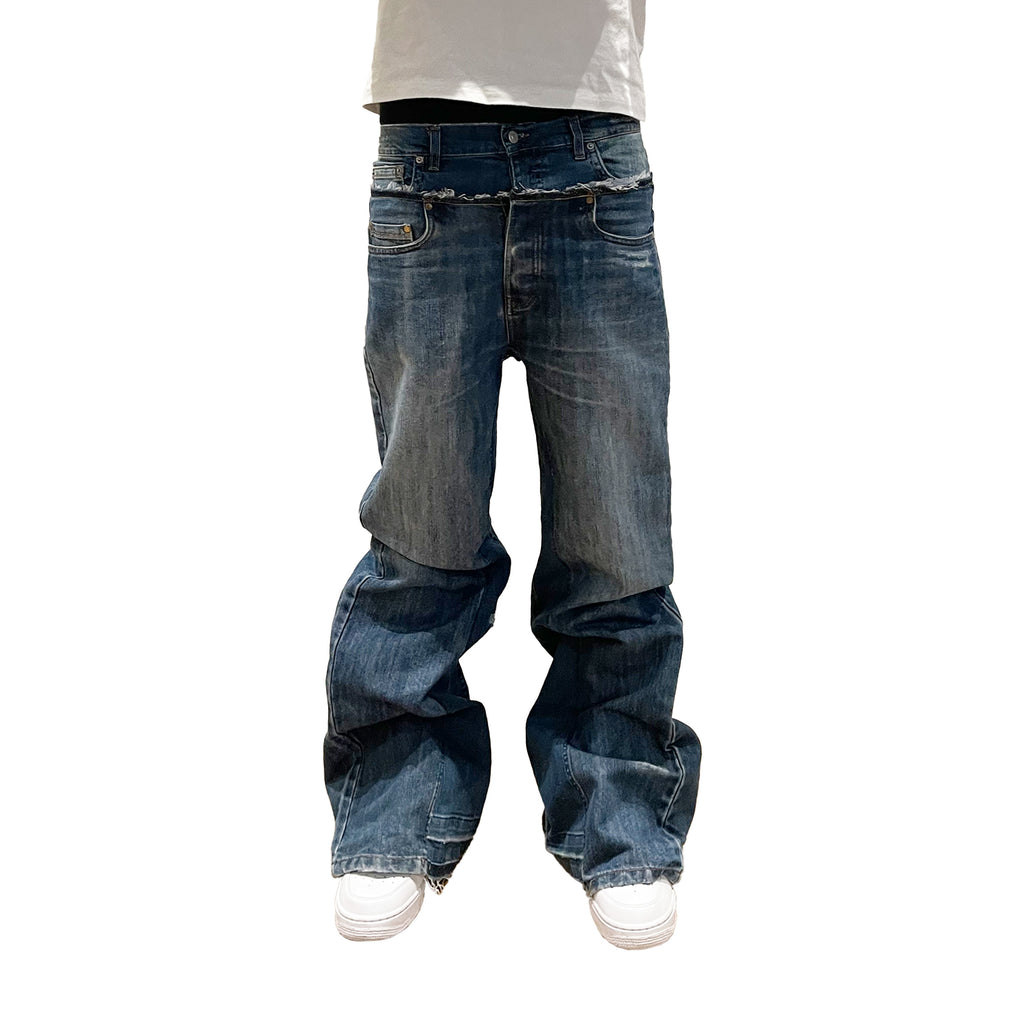 Men's Double Waisted Baggy Flares In Washed Blue