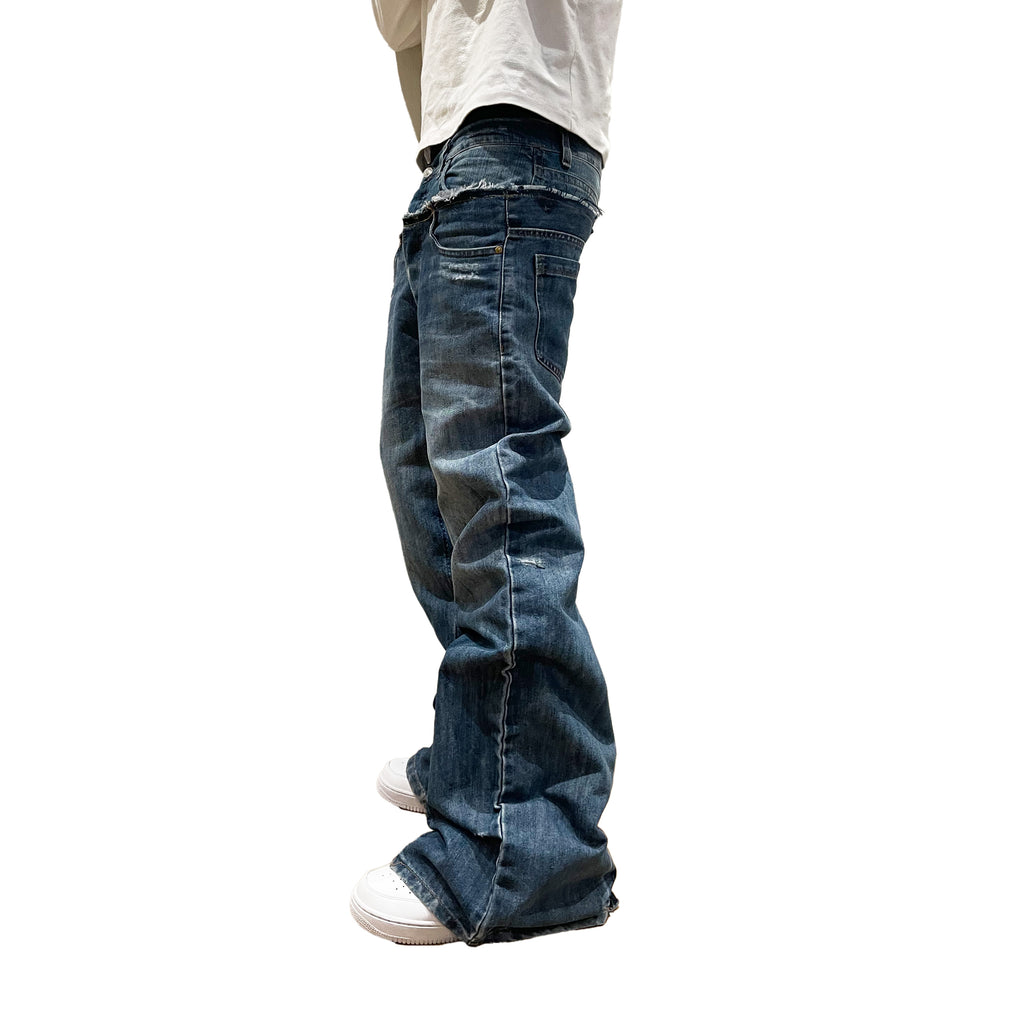 Men's Double Waisted Baggy Flares In Washed Blue