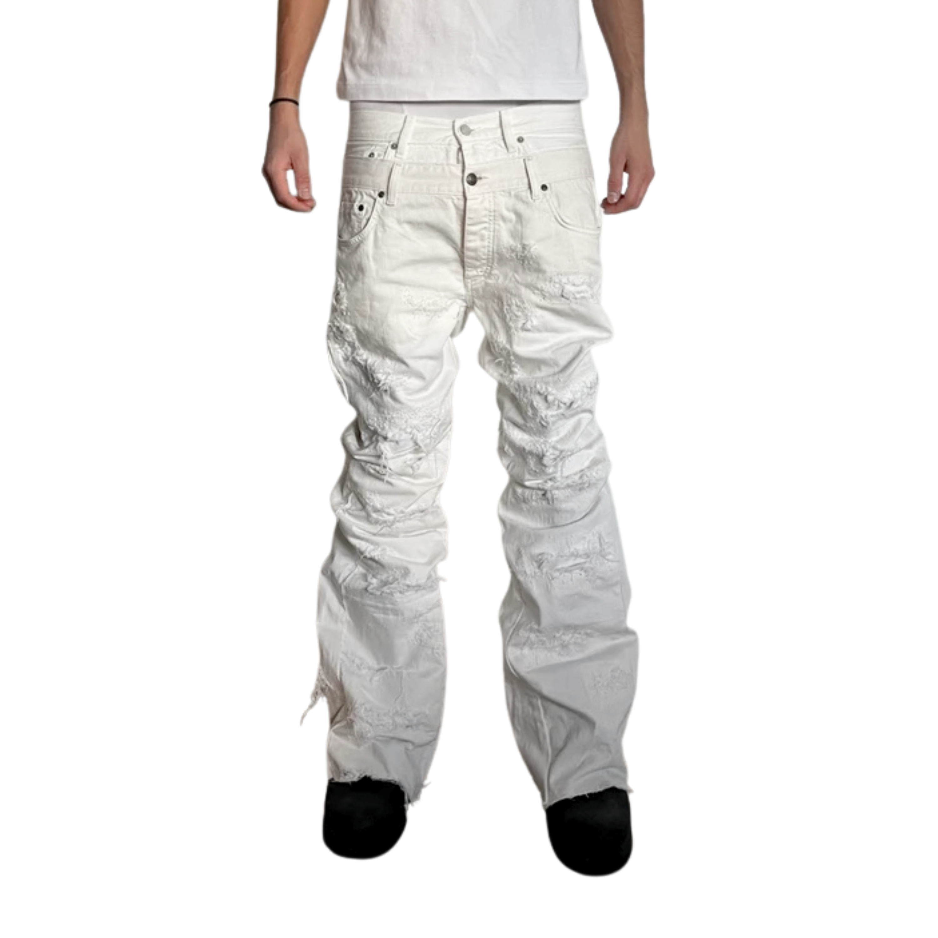 Men's Double Waisted Distressed Flares In White