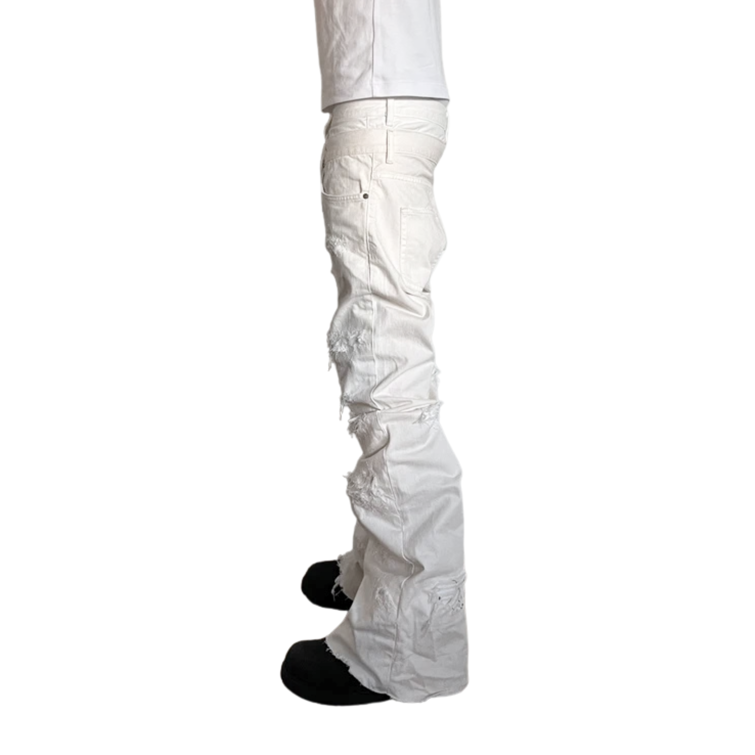 Men's Double Waisted Distressed Flares In White